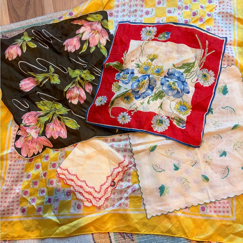 Vintage Scarf Hankie Lot Floral Embroidered Set with Klauber NWT Swiss 40s 50s